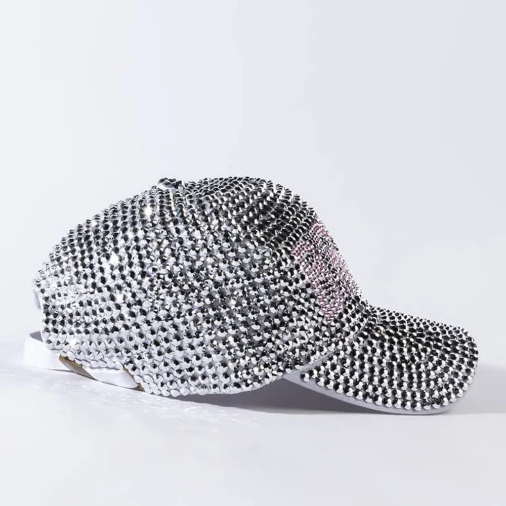 Callie Bride Bling: Pink & Silver Rhinestone Baseball Hat Bridal Wedding Cap - Picture 3 of 5